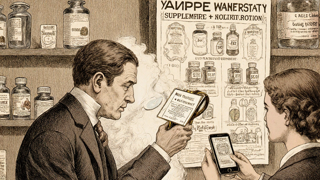 A pharmacist examines a supplement label with a magnifying glass while a patient shows photos on a smartphone.