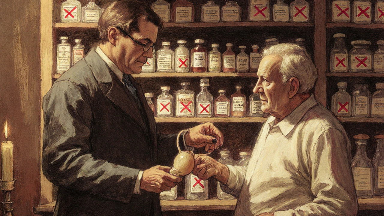 A pharmacist hands a suppository to an elderly patient with cautionary gestures.