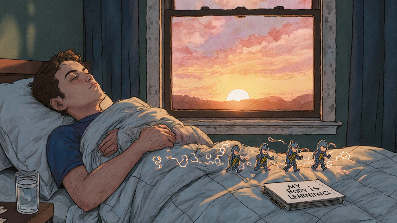 A resting person with cool cloth on arm at dawn, surrounded by illustrated immune cells marching on a quilt, symbolizing natural recovery.