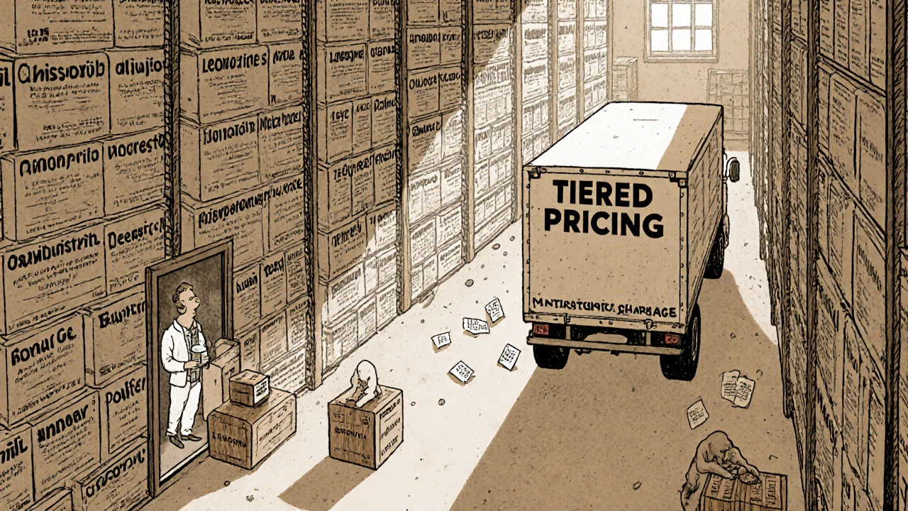 A warehouse filled with drug boxes, a small pharmacist watching a delivery truck leave, sunlight streaming through windows.