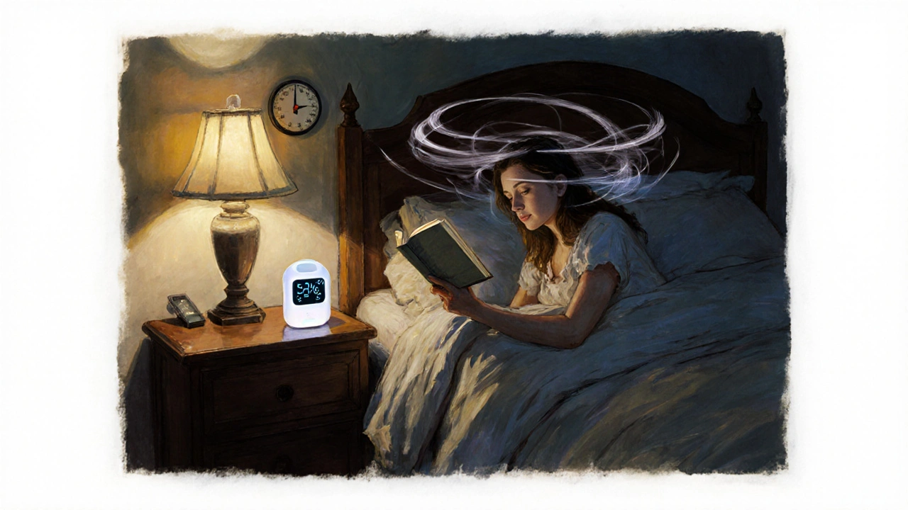 A woman reads before bed, away from screens, as tinnitus fades into soothing sound therapy light.