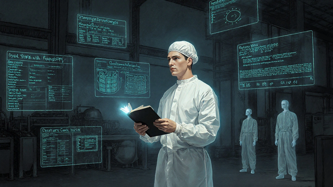A worker in sterile gear stands amid flickering digital records, symbolizing the struggle for data integrity in modern GMP.