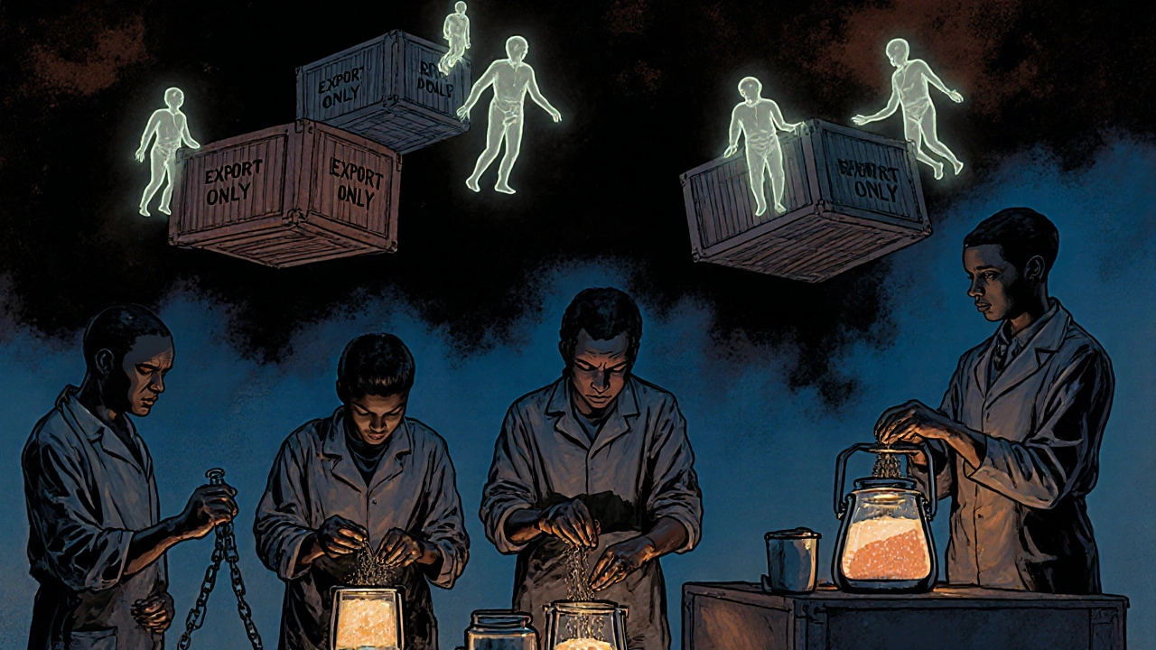 African scientists work under lantern light with ghostly lipid nanoparticles floating above, chained to export crates.