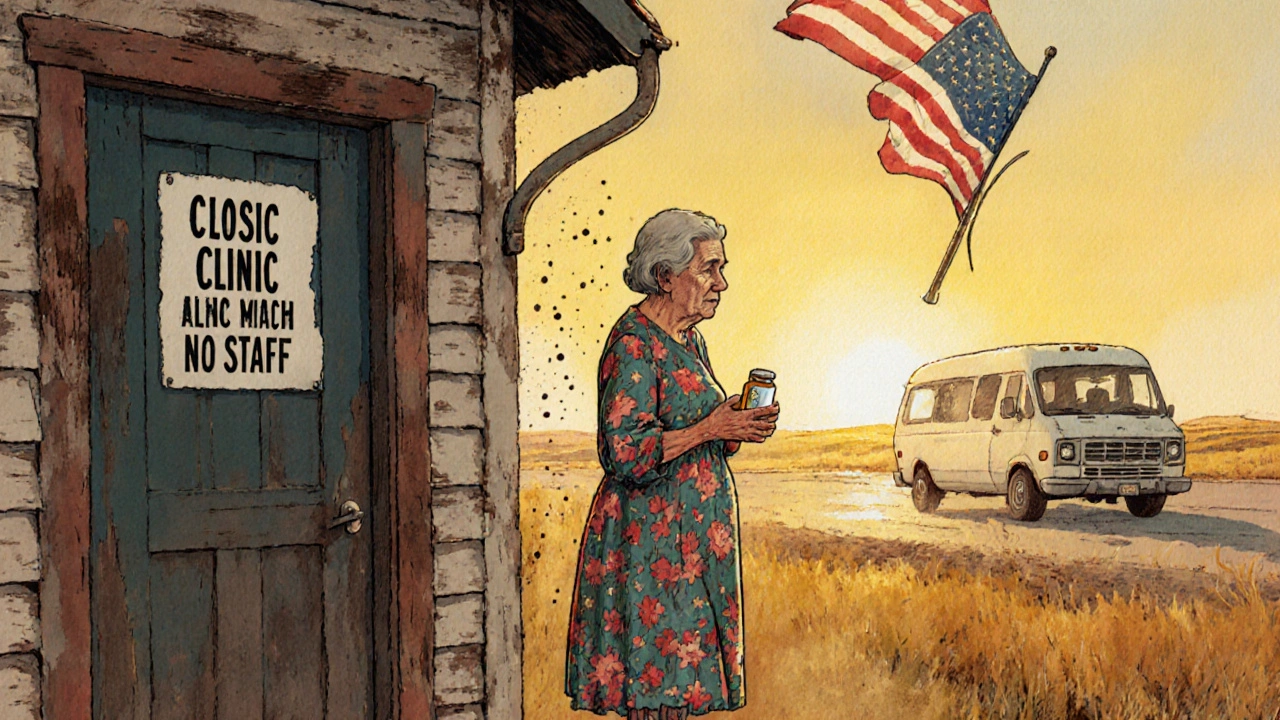 An elderly woman stands outside a closed rural clinic as a travel nurse van drives away at sunset.