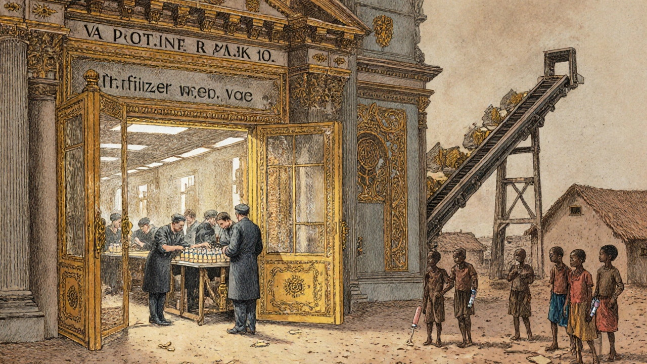 An opulent vaccine factory looms over a barren African village, symbolizing global inequity in vaccine access.