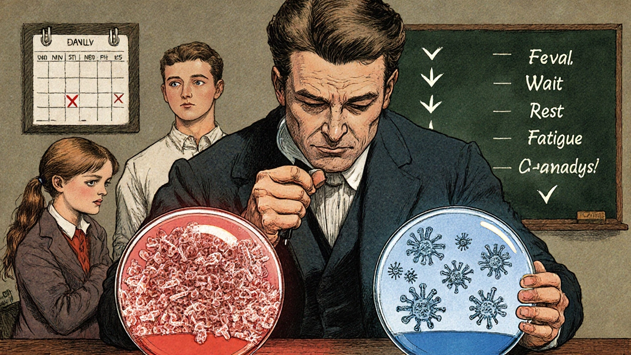 Doctor examining petri dishes with bacteria and viruses while a parent and child observe