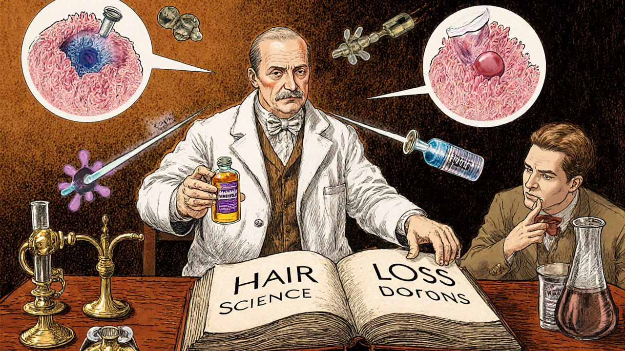 Doctor explaining hair loss treatments with scientific illustrations floating nearby.