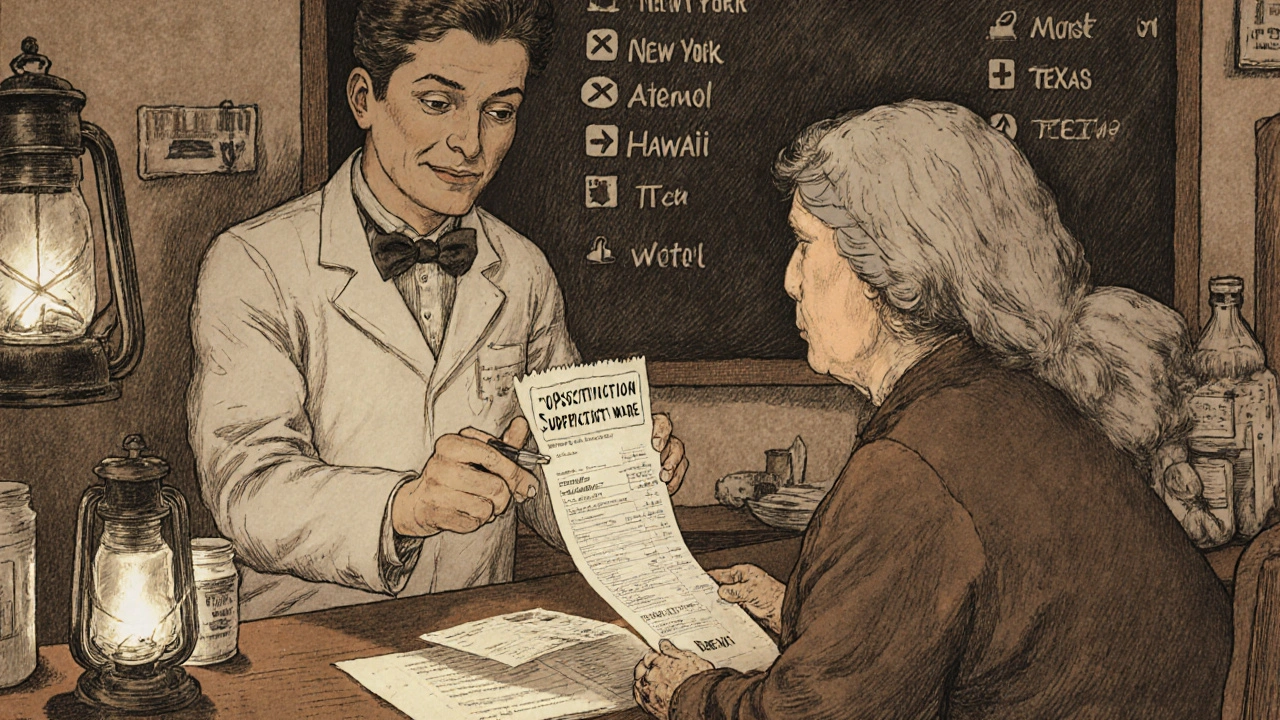 Elderly woman receiving a pharmacy receipt with a substitution notice, state-specific icons visible on a chalkboard behind her.