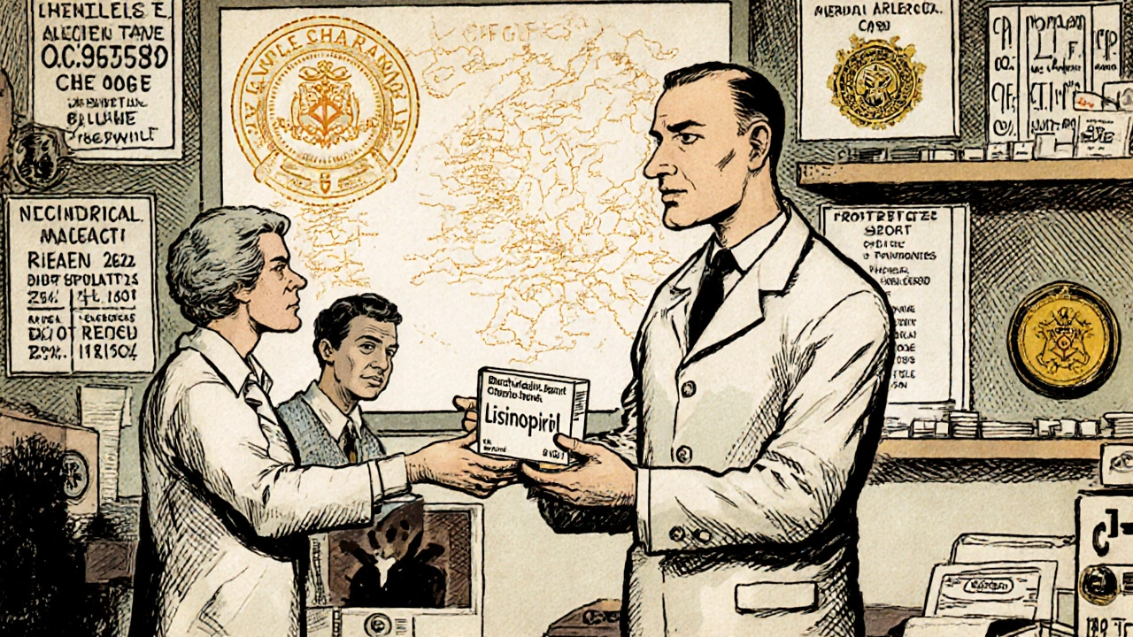 European pharmacist hands patient generic medication with official pricing boards in background.