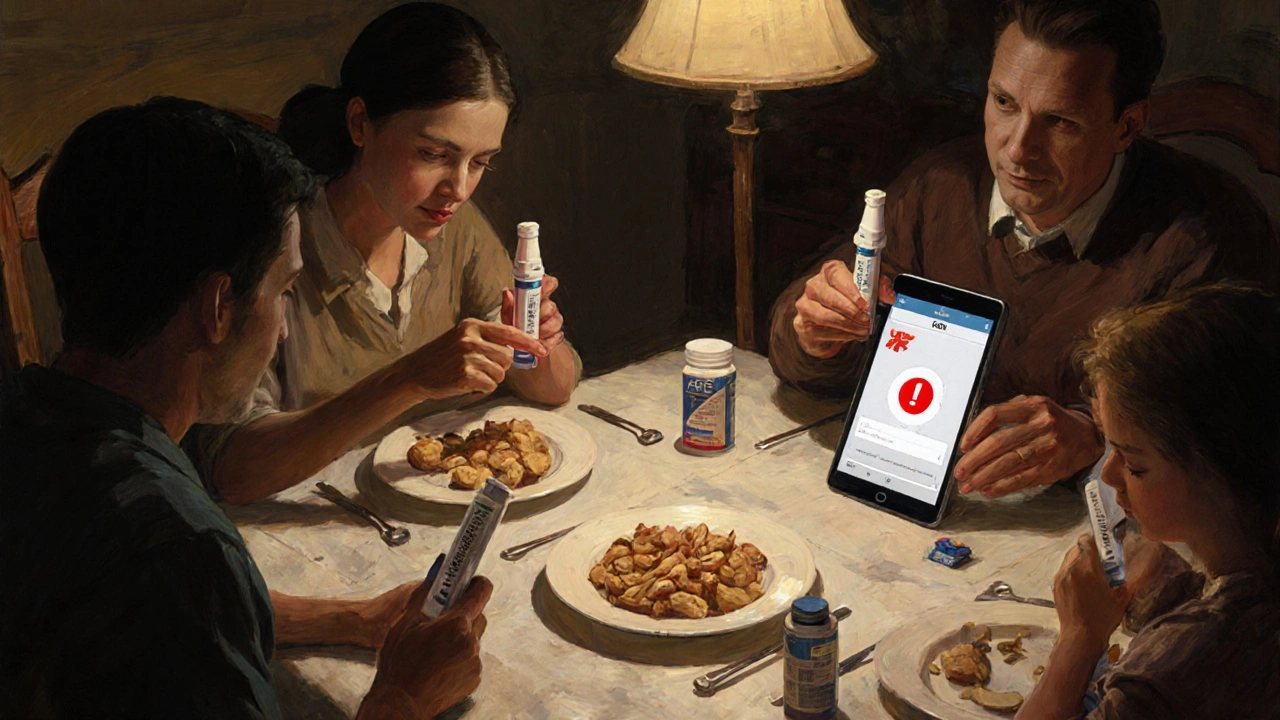 Family at dinner holding epinephrine injectors, child pointing to peanut, medical kit open, digital app visible on tablet.