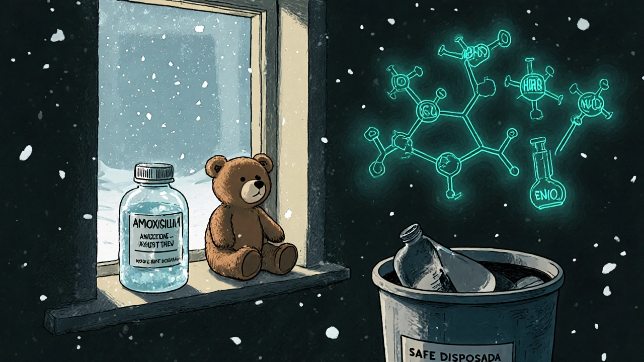 Frozen antibiotic bottle beside stuffed bear on windowsill, with molecular breakdown diagram glowing softly.