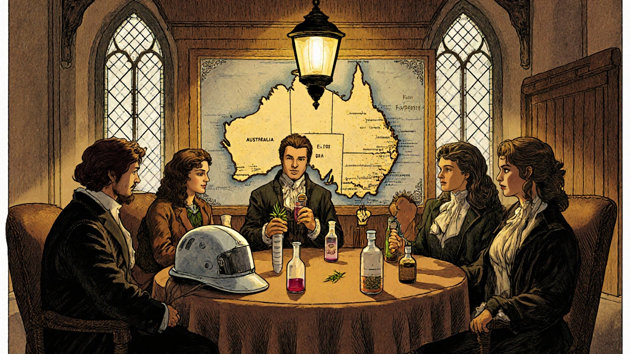 Group discussing hair loss solutions around a table with various therapies displayed.