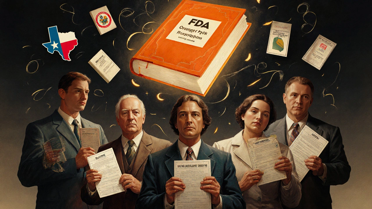 Group of pharmacists holding state-specific prescriptions, with a glowing FDA Orange Book above them and drug symbols swirling around.