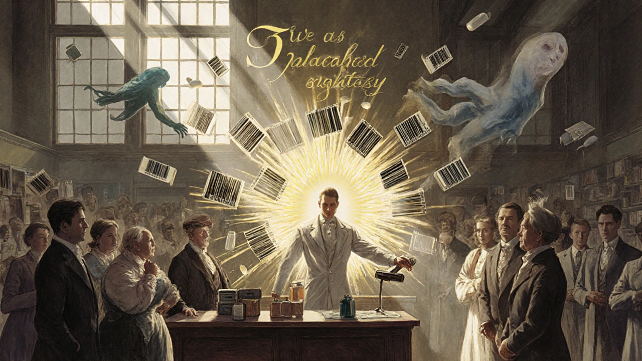 Heroic pharmacist repelling medication errors with barcode shield under glowing five rights