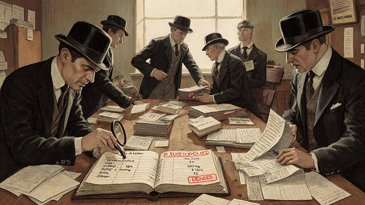 Historic billing office with clerks managing biosimilar codes and JZ modifier documents.