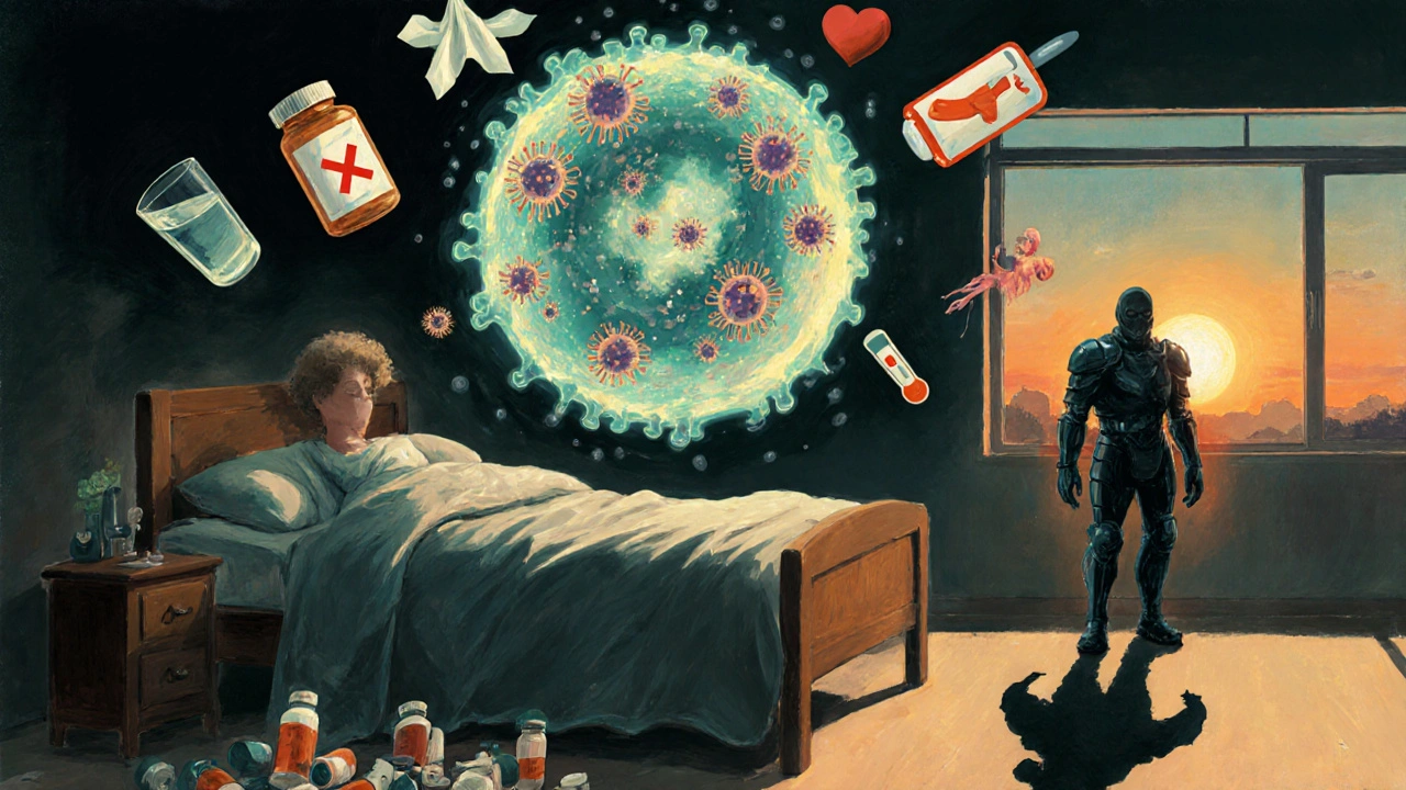 Patient resting as viruses attack cells, with a rising superbug shadow from discarded pills