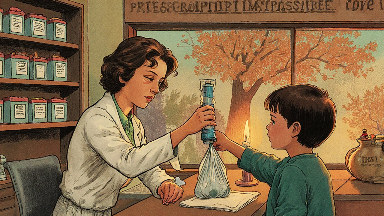 Pharmacist accepting an expired inhaler at a disposal drop-off point.