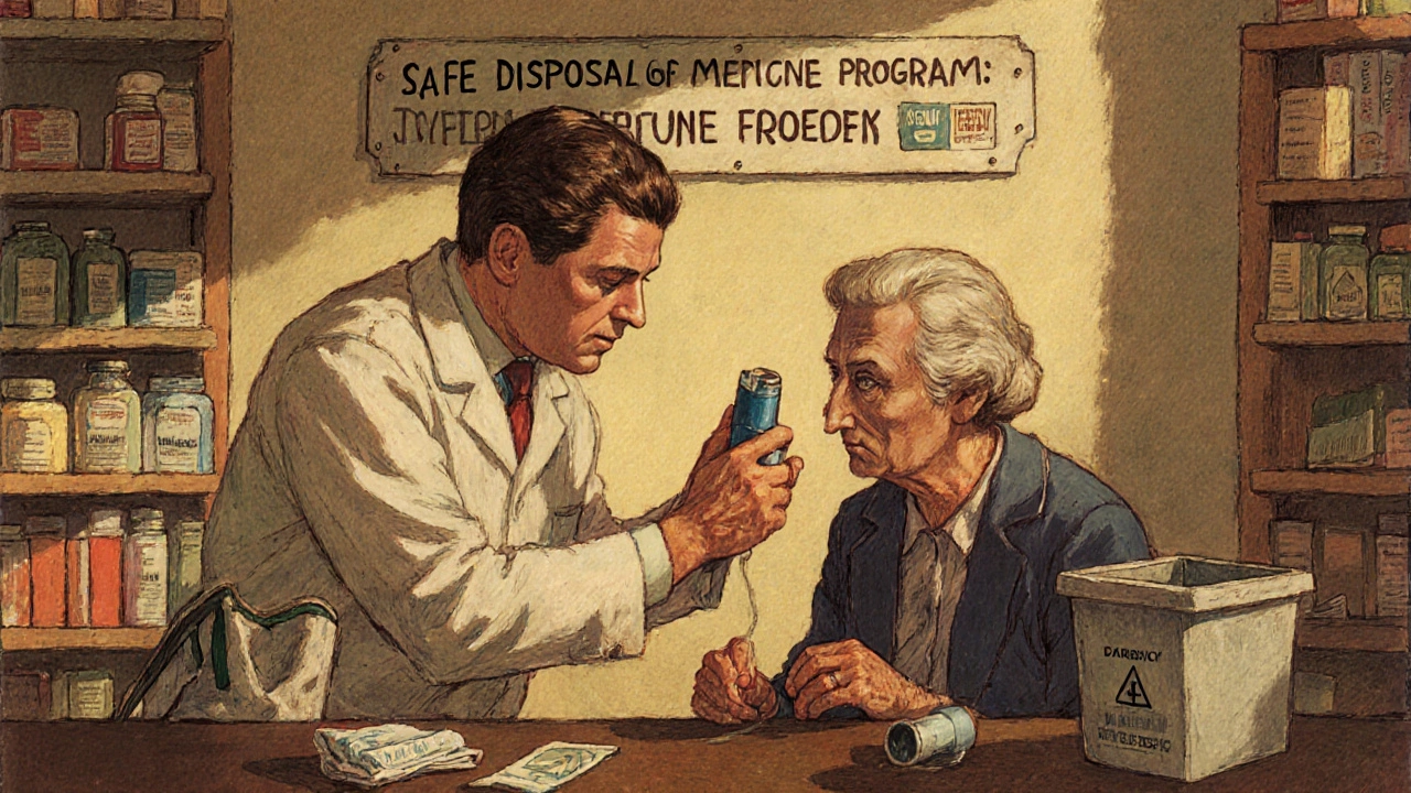Pharmacist accepting an expired inhaler from an elderly woman at a community pharmacy.