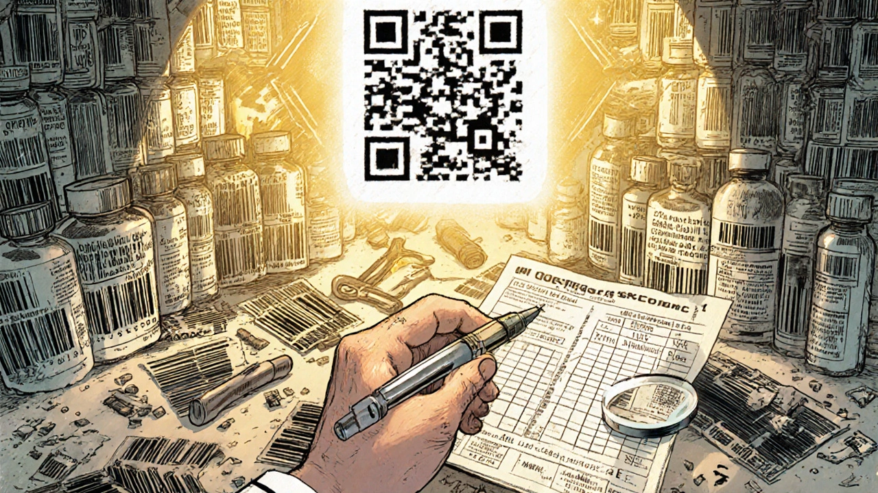 Pharmacist examining insulin pen with smudged barcodes as a glowing QR code shines above