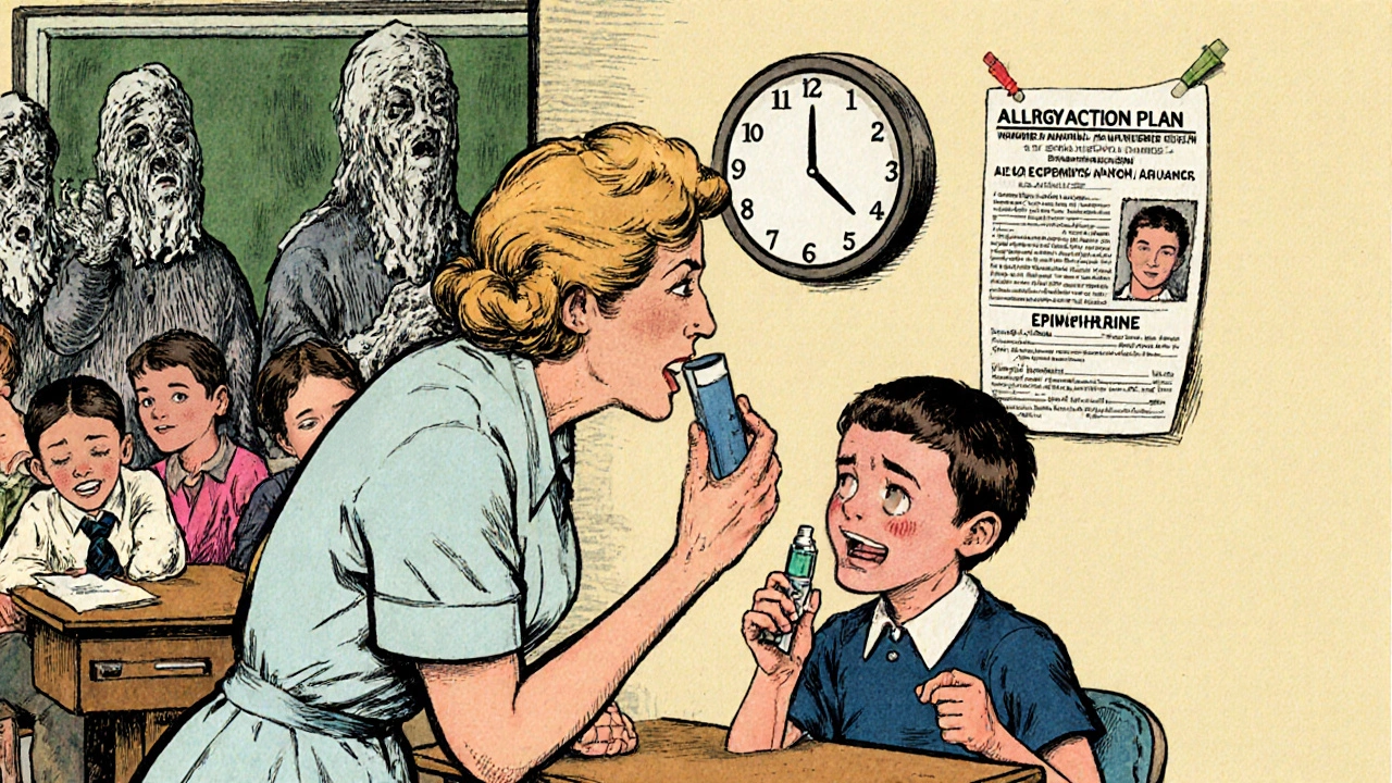 School nurse assisting a student with wheezing and dizziness, holding inhaler and epinephrine injector, with allergy plan visible on the wall.