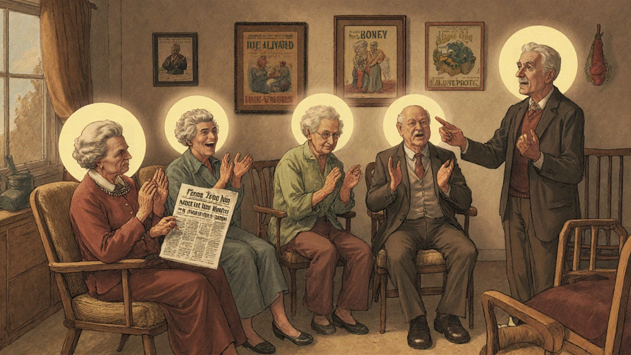 Seniors engaged in a group cognitive therapy session, singing and discussing a newspaper in a warm community room.