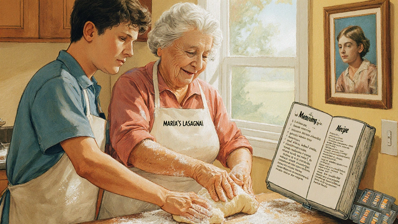 Son and mother baking together in a sunlit kitchen, flour on their aprons, with a pill organizer visible in the background.