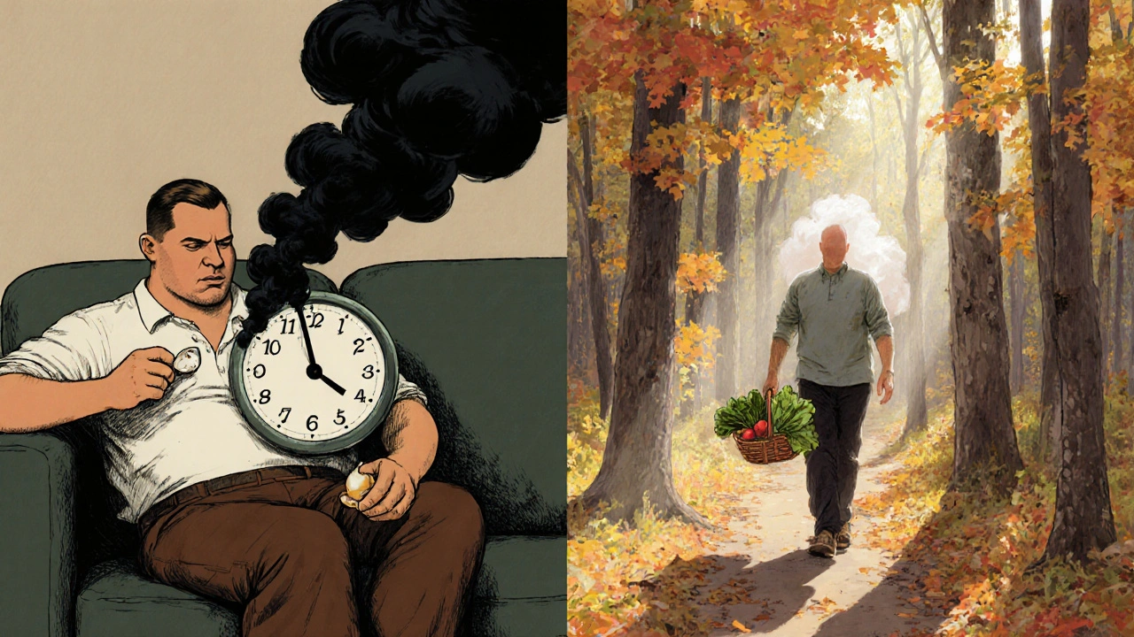 Split scene: man eating junk food versus walking in nature, showing transformation from metabolic danger to health.