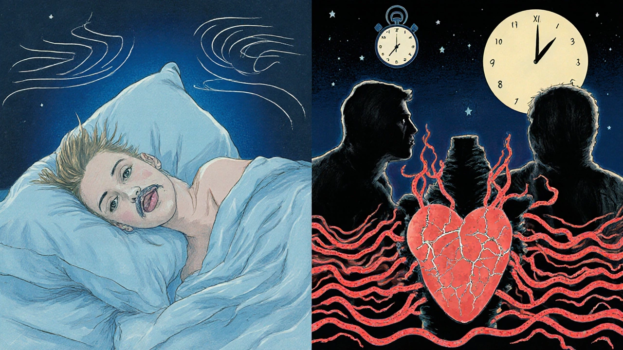 Split scene: peaceful sleeper vs. one with sleep apnea—collapsed airway, constricted vessels, and looming heart disease shadows.