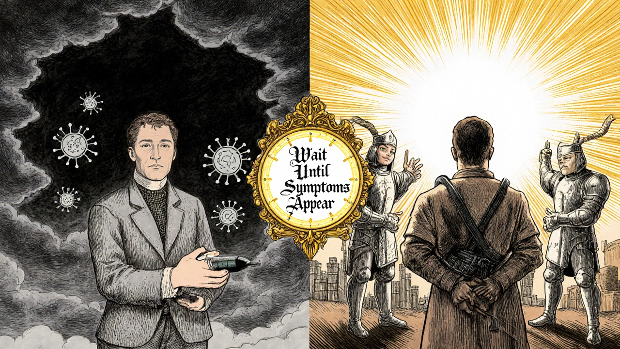 Split scene showing ibuprofen taken before vs. after vaccine, with immune knights retreating or advancing under stormy and sunny skies.