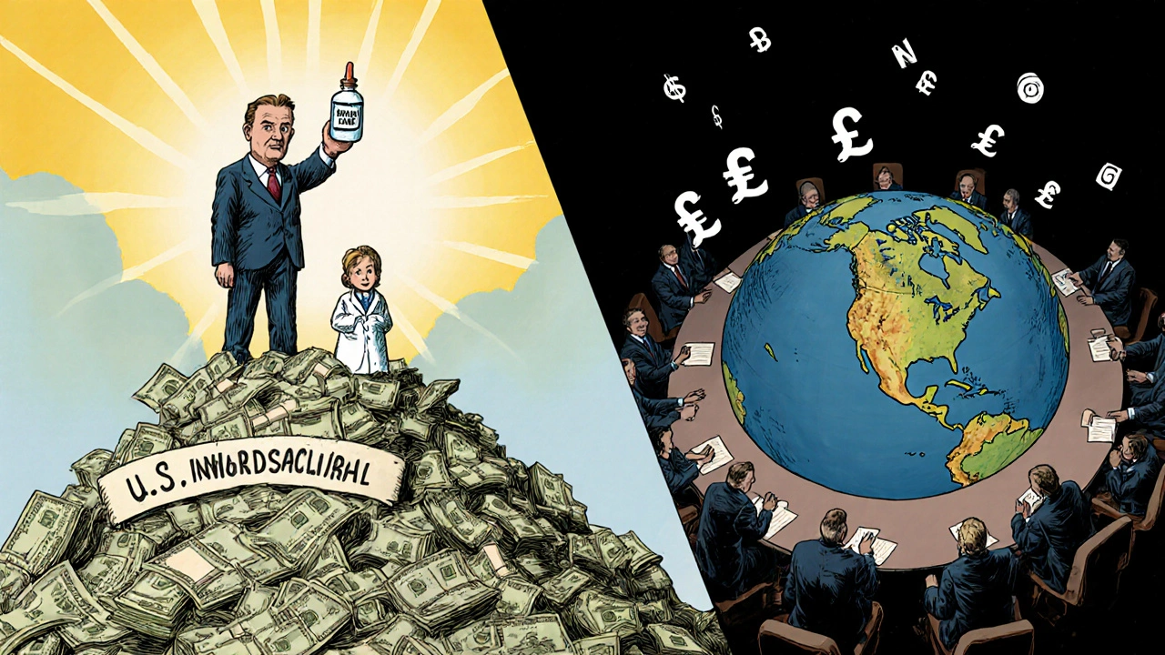 Split scene: U.S. drug executive on profit mountain vs. European officials setting low prices with global innovation symbols.