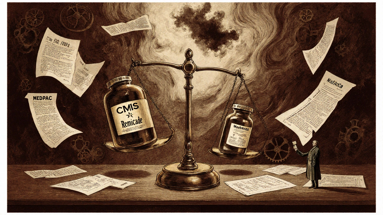 Symbolic courtroom scale favoring brand-name drug over biosimilar with legal documents floating nearby.