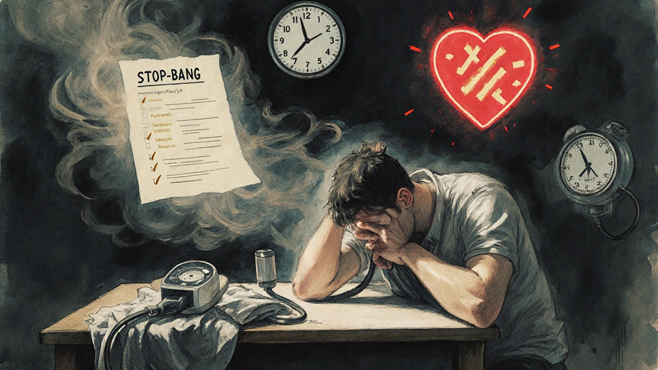 Young exhausted man surrounded by spectral medical symbols: CPAP, high blood pressure, and a glowing STOP-Bang test at 3 a.m.