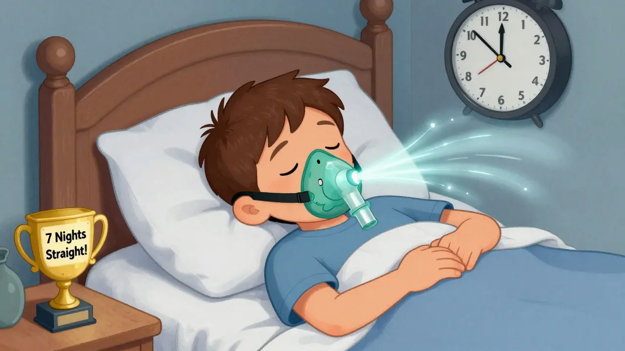 A boy sleeps with a dragon-shaped CPAP mask, glowing air streams around him as he enjoys restful sleep.