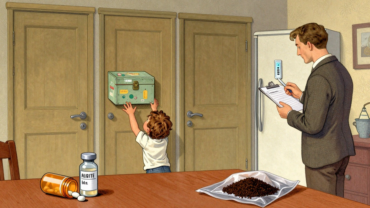 A child reaching for a high locked medicine box while a parent checks fridge temperature, illustrating childproofing.