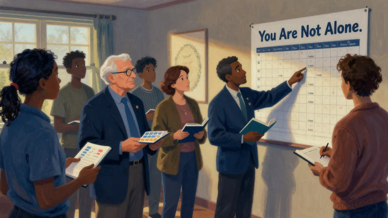 A diverse group of people celebrating progress in a community tapering support group.