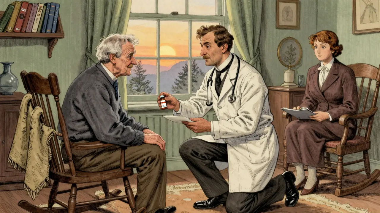 A doctor and therapist supporting an elderly patient during a benzodiazepine taper at home.