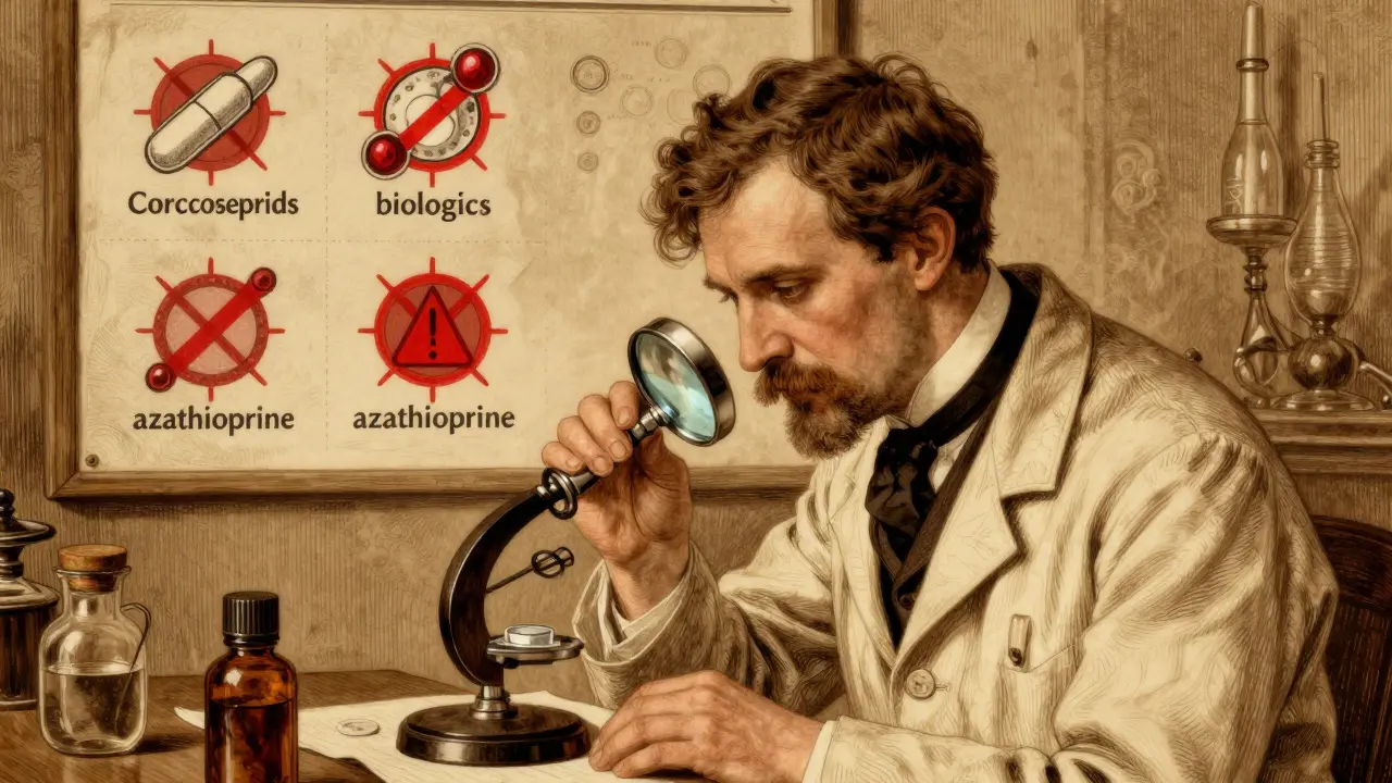 A doctor examines a blood smear with a magnifying glass, while immunosuppressant drugs on a chart emit warning symbols.