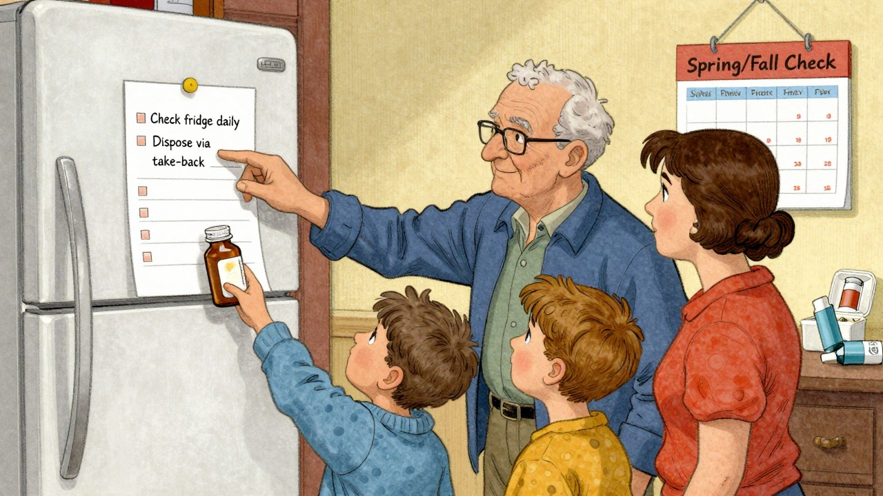 A family reviewing a medication checklist on the fridge, with a senior inspecting a pill bottle for signs of degradation.