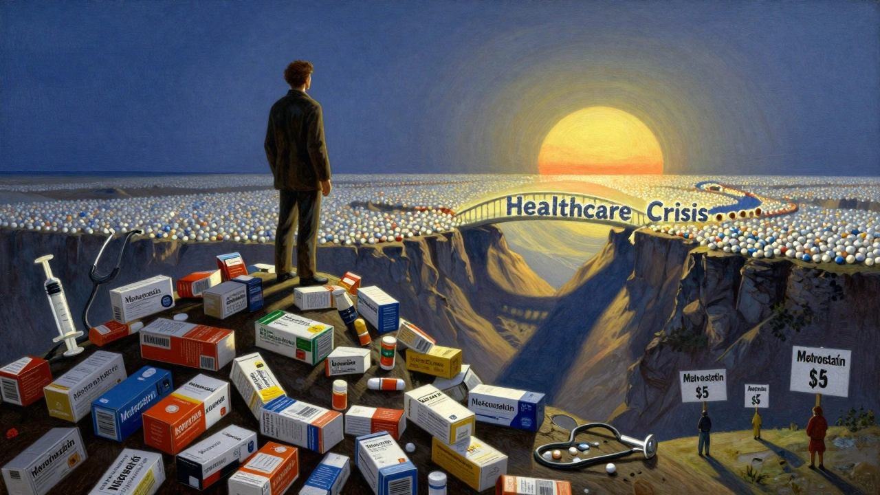 A figure stands on a mountain of discarded brand-name boxes, gazing at a bridge made of affordable generic pills.