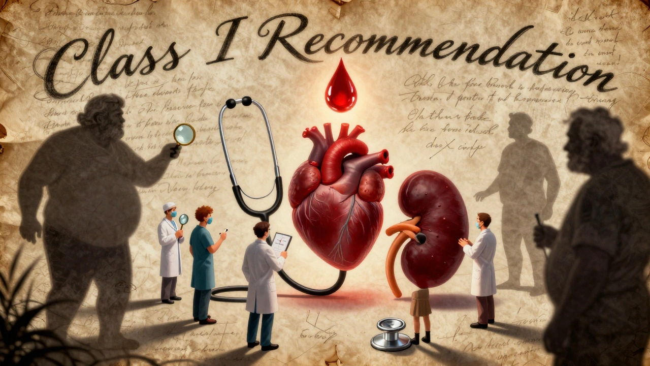 A glowing blood drop hovers above medical symbols, with clinicians debating around it and shadows of comorbidities looming in the background.