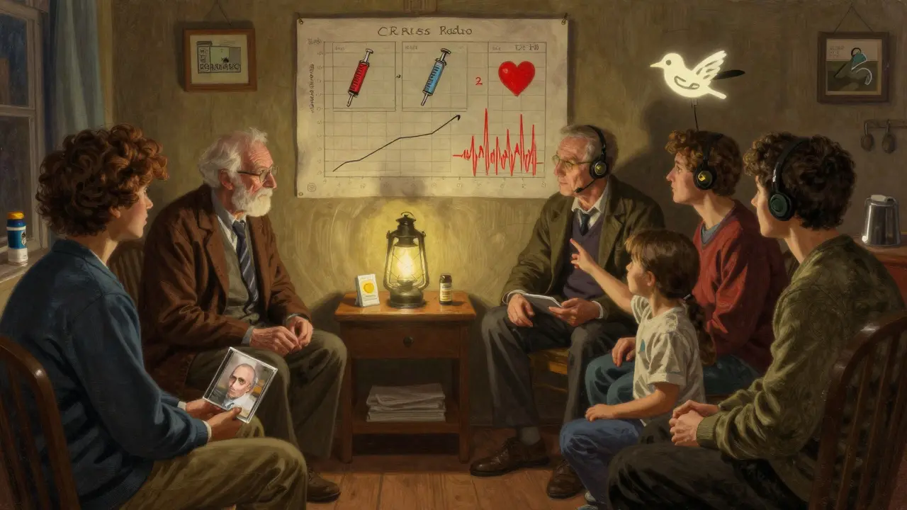 A group of patients listens to a radio broadcast of health information in a softly lit room, with audio symbols floating like birds above them.