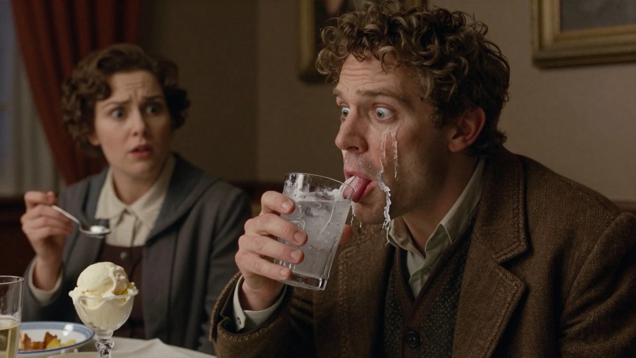 A man holding a cold drink as his lips and tongue swell dramatically in a dimly lit room.