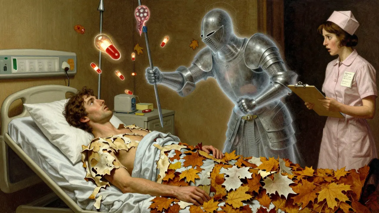 A patient's skin peels away as immune knights attack drug molecules in a hospital ward, rendered in detailed ink illustration.