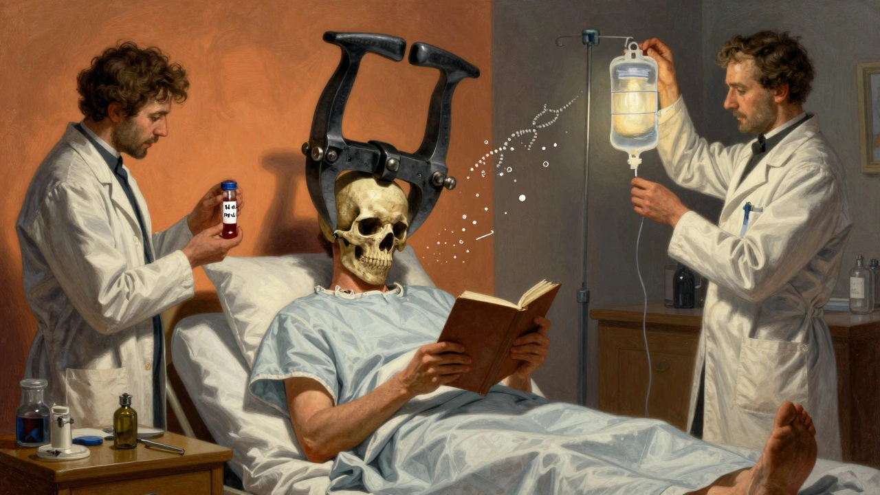 A patient clutches a headache journal as a shadowy vise crushes their skull, with doctors holding blood tests and IV bags nearby.