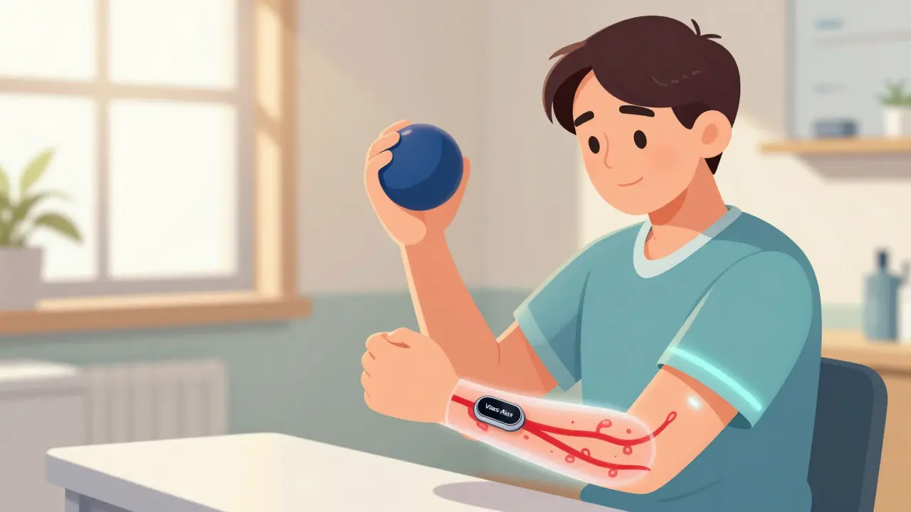 A patient doing arm exercises as a wireless sensor glows on the forearm, symbolizing innovation in dialysis care.