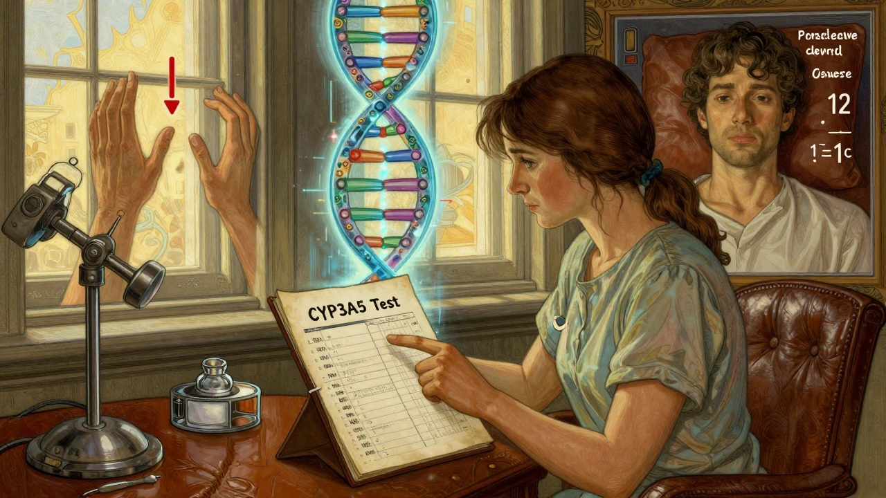 A patient points to a symptom log beside a glowing DNA helix, split scene shows tremors on one side and recovery on the other.
