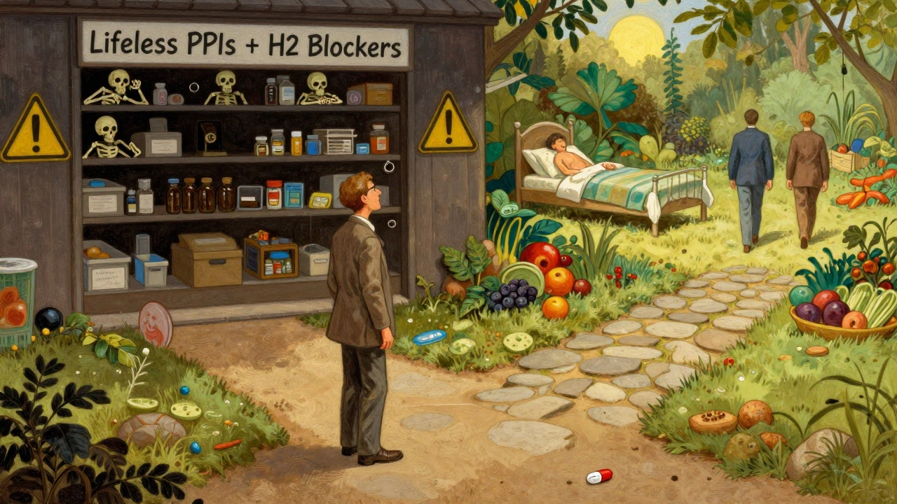 A patient stands at a crossroads—one path leads to dangerous overmedication, the other to healthy lifestyle changes under sunlight.