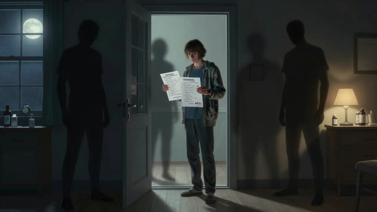 A patient stands at their doorway holding conflicting medication lists, with shadowy risks behind them.
