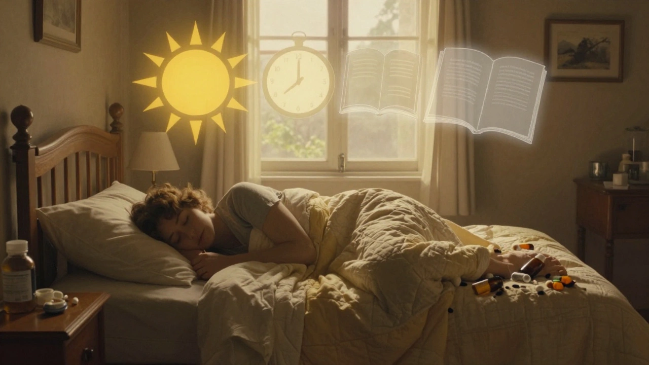 A peaceful sleeper bathed in morning light, with healthy sleep habits glowing above them.