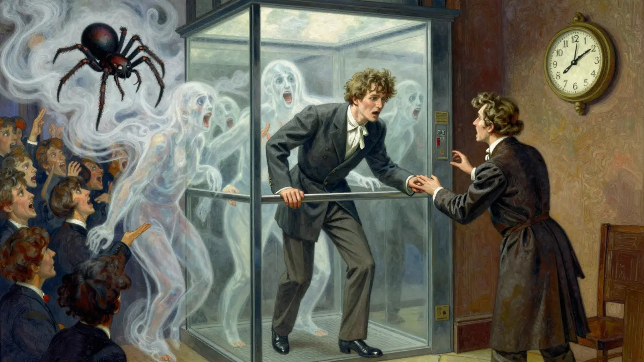 A person in an elevator facing fading fears, guided by a therapist, in detailed illustrative style.